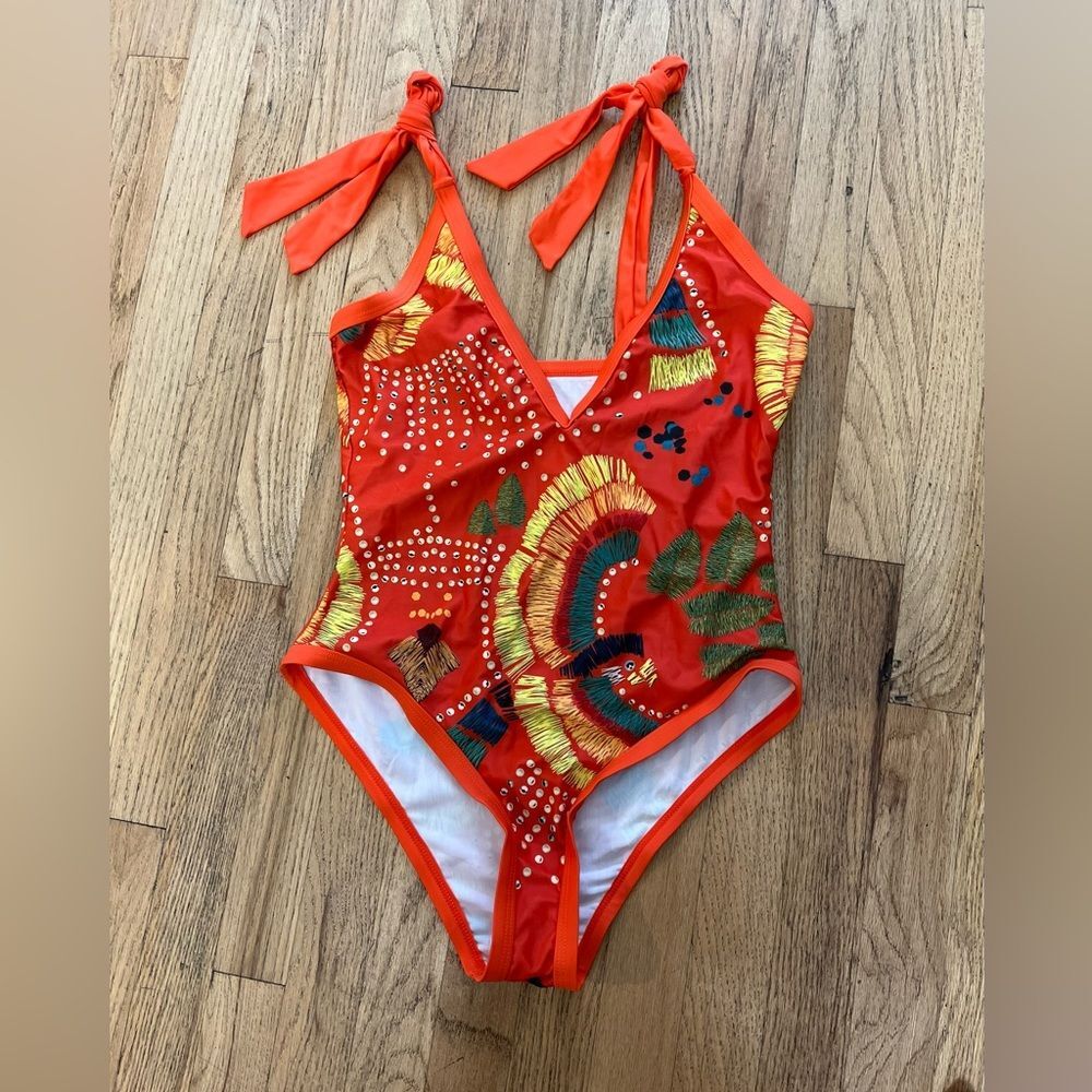 Ethnic print vibrant multi color shoulder ties one piece swimsuit - Picture 1 of 4